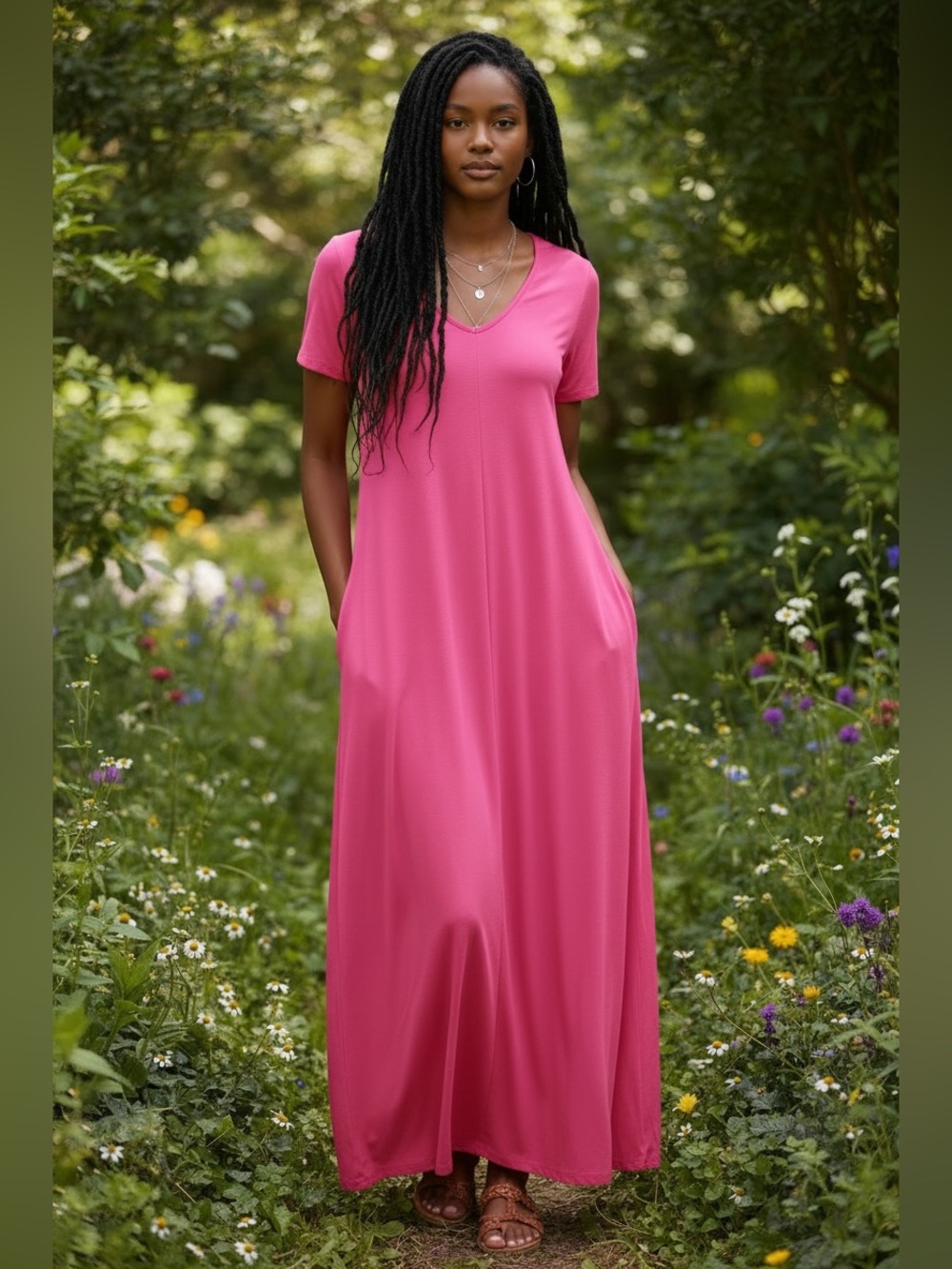 Zenana Hot Pink Maxi Dress with Pockets Short Sleeve Stretch Size Small
